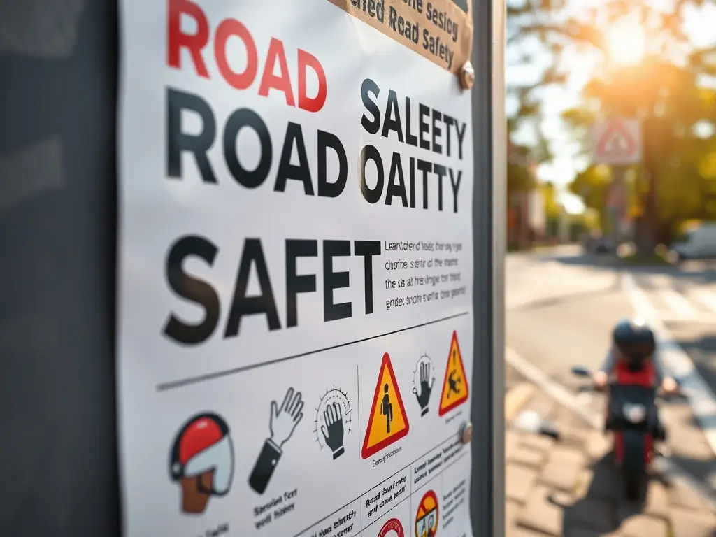 A visually impactful image of a road safety campaign poster, featuring clear messaging about safe riding practices and accident prevention.