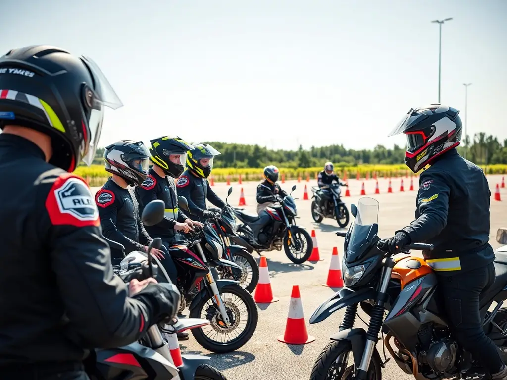 A group of motorcyclists participating in a safety training session, focusing on proper riding techniques and hazard awareness.