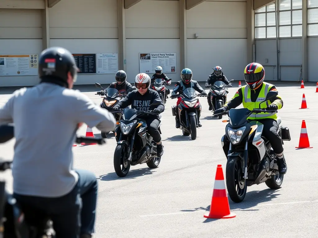 A group of motorcyclists participating in a safety training session, practicing maneuvers under the guidance of an instructor.