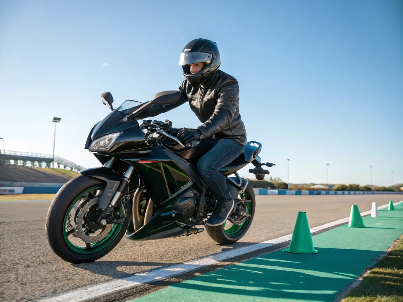 A group of motorcyclists participating in an advanced riding skills training session on a closed course, focusing on precision and control.