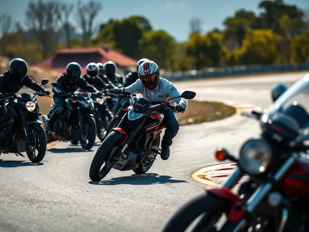 An instructor demonstrating proper riding posture to a group of learners on a closed course, emphasizing the importance of safety and control.