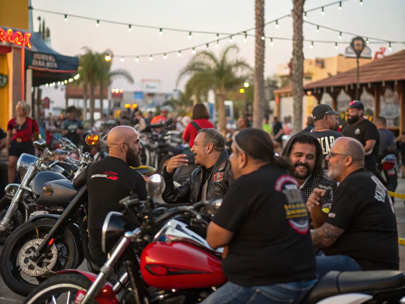 A vibrant scene of motorcyclists gathered at a community riding event, showcasing a mix of bikes and smiling faces, with a scenic backdrop.