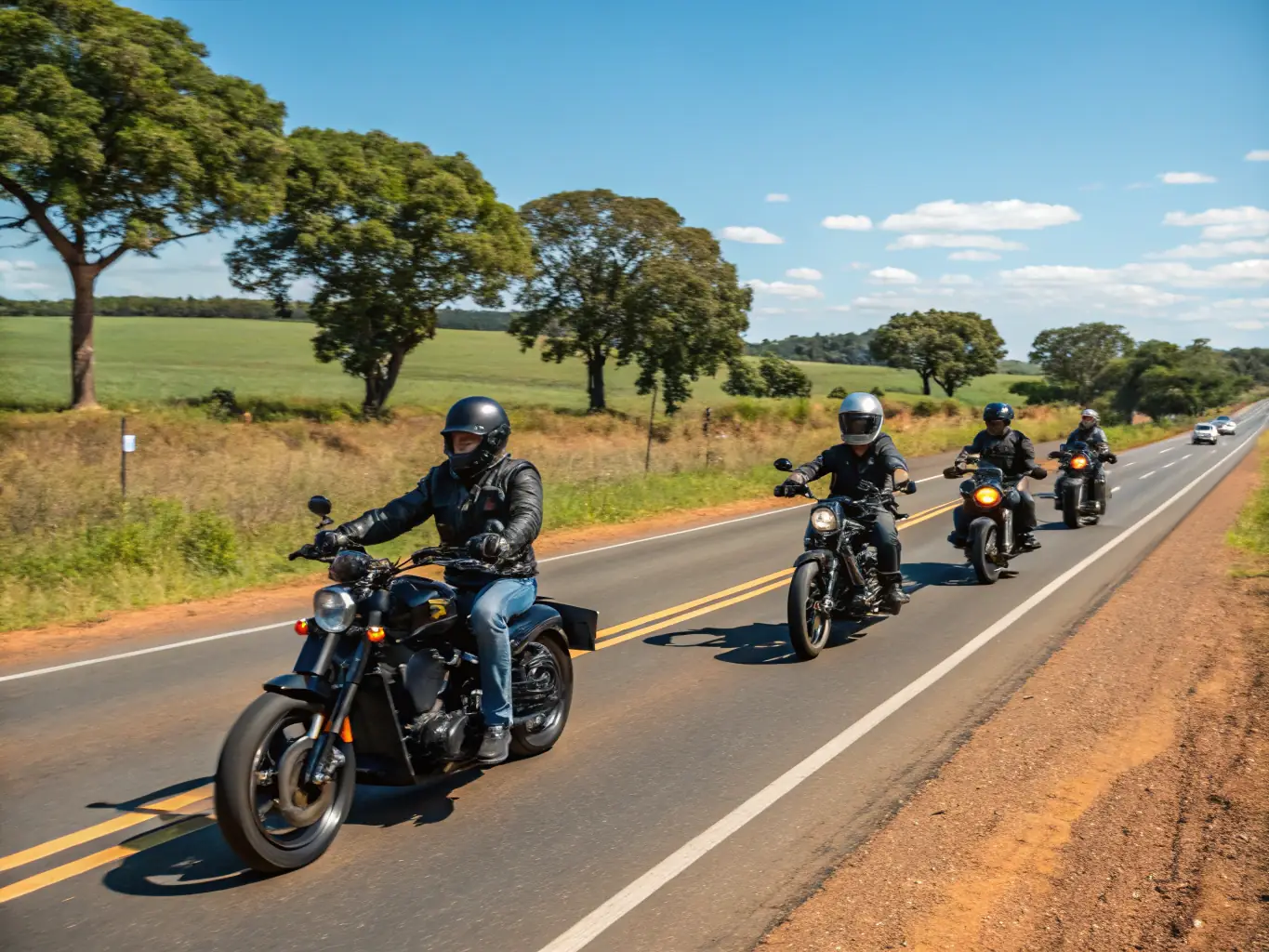 A group of motorcyclists enjoying a scenic ride through the countryside, with lush greenery and open roads in the background.
