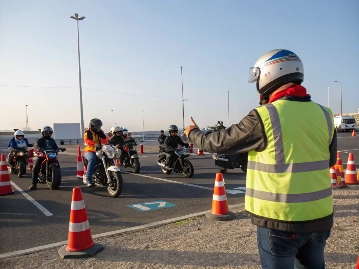 A visually compelling image of a road safety campaign, featuring educational materials and motorcyclists promoting safe riding practices.