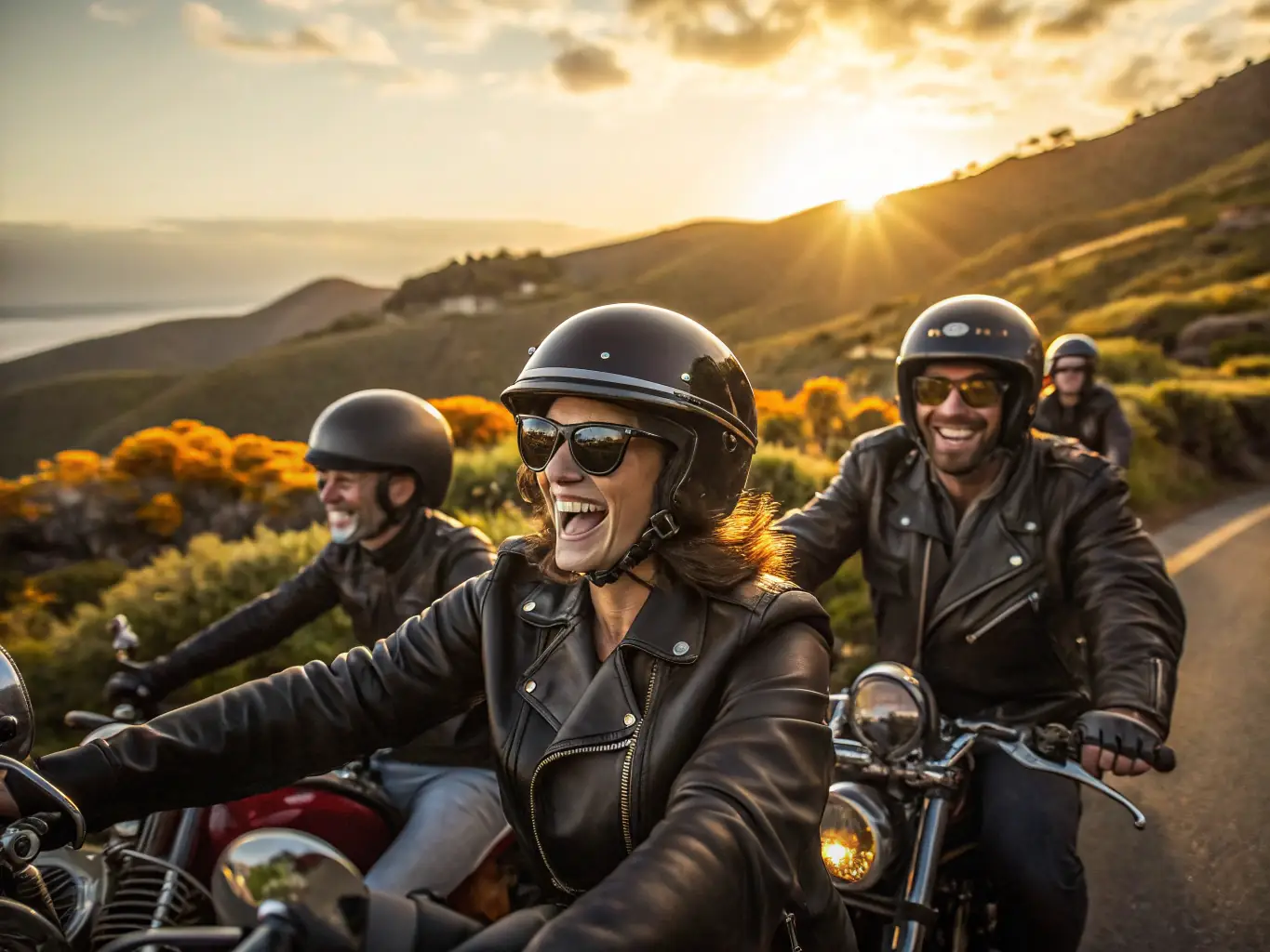 A large group of motorcyclists riding together through a picturesque countryside, showcasing the camaraderie and adventure of community riding events.
